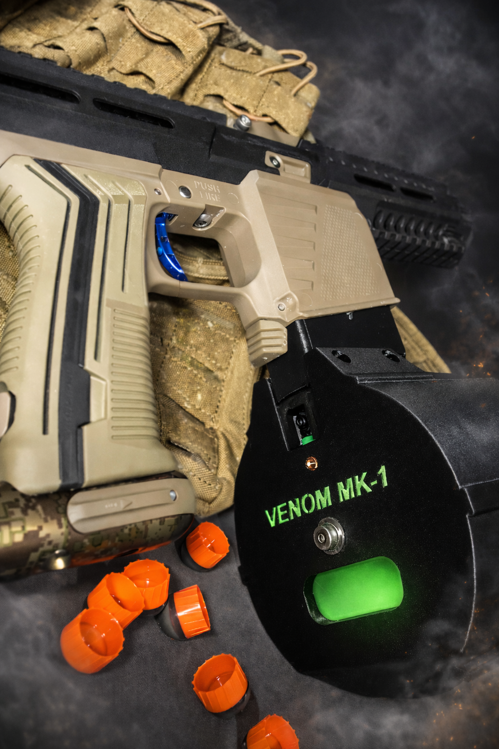 VENOM MK-1 40-round paintball drum mag installed on a magfed paintball marker
